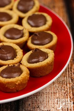 chocolate covered cookies are on a red plate