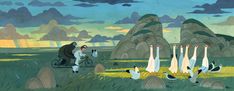 an animated scene with geese and people in the background