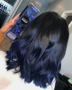 Shaped Haircut, Blue Hair Highlights, Color Streaks, Dark Blue Hair, Long Hairstyle