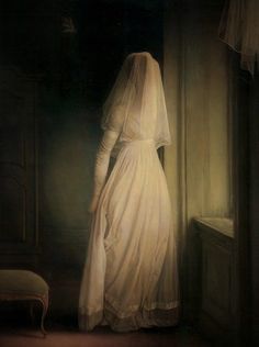 a painting of a woman in a white dress and veil standing by a window with her back to the camera