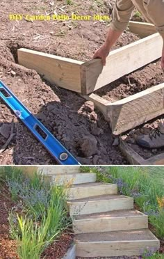 two pictures side by side one with steps and the other with plants growing out of it