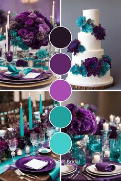 purple and teal wedding color palettes for the bride's cake, centerpieces and table settings