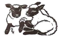 two black and white sheep sitting next to each other on top of a white background