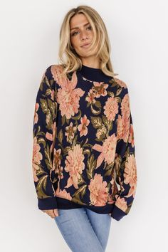 Polly Sweater | Navy Multi Floral - Baltic Born Floral Knit Sweater, Fall Jacquard Knit Turtleneck Top, Flower Sweater, Girls Tie, Floral Knit, Navy Sweaters, Romper Outfit, Mock Neckline, Olive Color