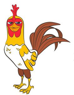 a cartoon chicken with red and yellow feathers