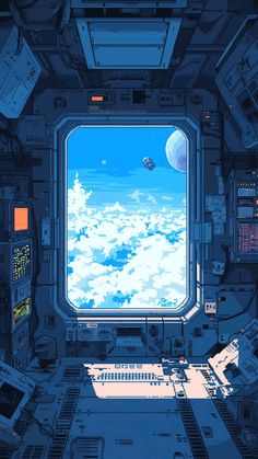 an image of the inside of a space station looking out at clouds and planets in the distance