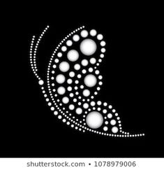 an abstract white design on black background with circles and dots in the shape of a crescent