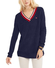 Tommy Hilfiger Chenille Varsity V-Neck Sweater - Sky Capt Multi Tommy Hilfiger Letter Print Winter Sweatshirt, Black Sweater Dress Outfit, Shirt Over Dress Outfit, Tommy Hilfiger V Neck Sweater, Shirt Over Dress, Sweater Dress Outfit Winter, Floral Dress Winter, Midi Skirt Outfit Winter, Tommy Hilfiger Sporty Cotton Sweatshirt