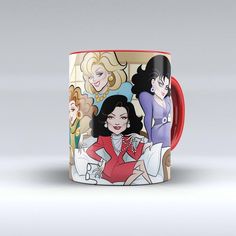 a red and white coffee mug with cartoon characters on it