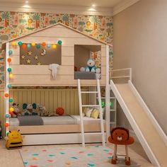 a child's bedroom with bunk beds and toys