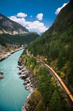 a train traveling along the side of a river next to a lush green forest covered hillside