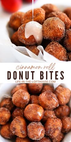 cinnamon roll donut bites in a white bowl with the words cinnamon roll donut bites above them