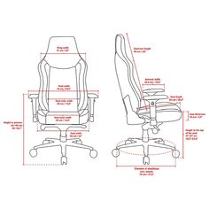 an office chair with measurements for the seat and back