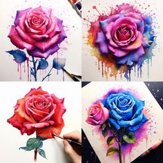 four different colored roses are being drawn on paper with watercolors and paintbrushes