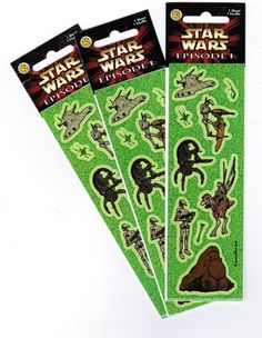 three star wars stickers are shown on the back of two packages, one is green and