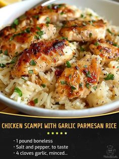 the chicken scampi with garlic parmesan rice is served in a white bowl