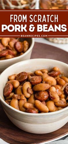 A quick and easy weeknight dinner! This pork and beans recipe from scratch contains bacon and hot dog pieces, canned beans, and tomato sauce. Don't miss the secret tip for making a thick sauce in the pot! Save this pin!