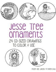 the book cover for jesse tree ornaments, with four different designs and colors on it