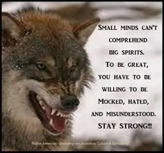 a wolf with its mouth open and the caption says, small minds can't compreed big spirits, to be great, you have to be