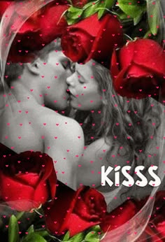 a couple kissing in front of roses with the words kiss on it's side