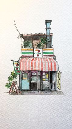 a watercolor drawing of a small building with a red and white striped awning