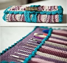 two pictures of a crocheted case with knitting needles in it