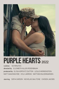 a man and woman kissing each other in front of a poster for the movie purple hearts