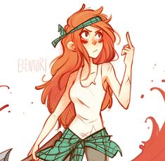 a drawing of a girl with long red hair and green plaid skirt holding an umbrella