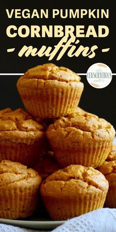 vegan pumpkin cornbread muffins stacked on top of each other with text overlay