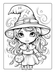 a girl in a witches hat coloring page