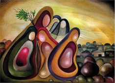 an abstract painting with multiple colors and shapes in the shape of three pears on top of each other