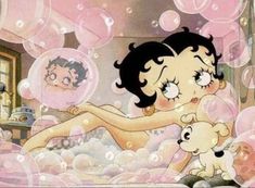 a cartoon girl is in the bathtub with bubbles floating around her and a teddy bear