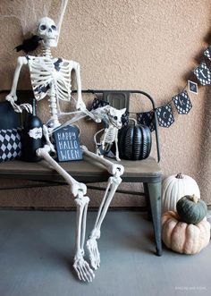 a skeleton sitting on top of a bench next to pumpkins and other halloween decorations