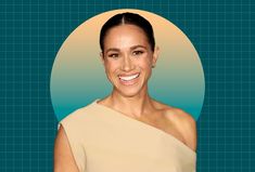 a woman in a white dress smiling at the camera with a blue background behind her