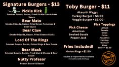 an image of a menu for burgers and other foods on a black background with the words, signature burgers $ 13 to try burger - $ 11