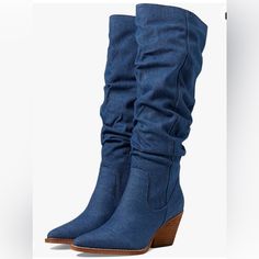 New Zodiac Western Denim Boots, Size 6 Pointed Toe, Pull-On, Knee High Boots Denim Blue Fabric, Premium Stitch Trim 3” Heel, Denim Blue Fabric, Ankle Zip Closure Scrunchy Texture, Anti-Slip Sole Very Stylish And Uber-Chic Denim Boots Colored Boots, Harley Quinn Cosplay, Denim Boots, Denim Chic, Colored Denim, Denim Blue, Harley Quinn, Blue Fabric, Shoes Heels Boots