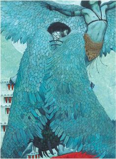 an illustration of two people on top of a giant blue bird with their arms around each other