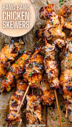 The image shows multiple of the bang bang chicken skewers on a piece of parchment paper, there is a cup of bang bang sauce next the them. Bang Bang Chicken Skewers, Bang Bang Chicken, Kabob Recipes, Skewer Recipes, Chicken Skewers, Chicken Dishes Recipes, Poultry Recipes, Bbq Recipes, Bang Bang