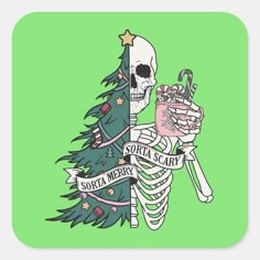 a skeleton holding a christmas tree with presents in its hand and the words santa scary on it