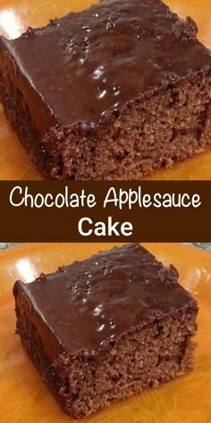 chocolate appleauce cake on a plate with the words, chocolate appleauce cake