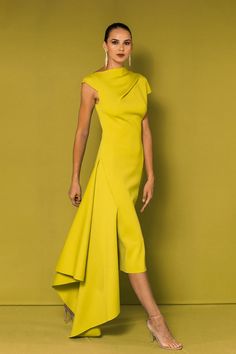 Description Lime Column, Midi dress Sleeveless Closed neckline Crepe Custom Measurements Accepted Dry Clean Evening Dress Made in Spain BULGARIA Isabel Sanchis, Midi Dress Style, Evening Outfits, Crepe Dress, Midi Dress Sleeveless, Asymmetrical Dress, Model Dress, Yellow Dress