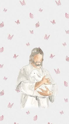 a man holding a baby in his arms surrounded by pink butterflies on a white background