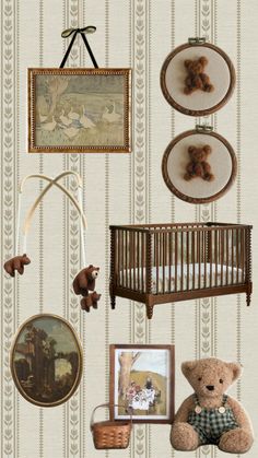 there is a baby crib with teddy bears and pictures on the wall behind it