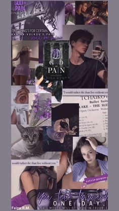 a collage of photos with the words one day written in purple and black on it