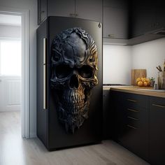 a refrigerator with a skull on it in a kitchen