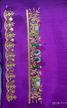 the back of a purple dress with gold trimmings and beads on it,