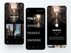 three smartphones displaying different images and captions on the screens, one with an italian theme