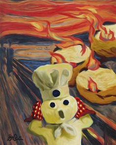 a painting of a stuffed animal wearing a bandana in front of the screamo