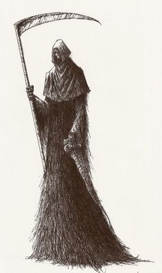 a black and white drawing of a person holding a scythe