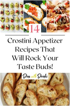 Collage of 4 crostini appetizer recipes. Bridgerton Appetizers, Gourmet Crostini, Tartlets Savory, Bruschetta Appetizers, Cold Dip Recipes, Bridgerton Party